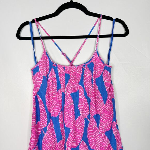 Vineyard Vines Size 00 Pink Blue Palm Print Maxi Dress Cross Strap Linen Blend - Picture 3 of 11